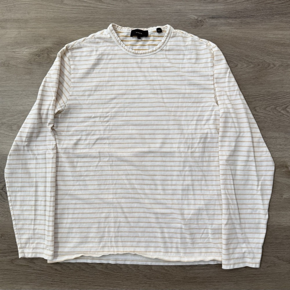 Vince Mens Medium M Striped Long Sleeve T-Shirt Off White Yellow Gold Knit Peru
